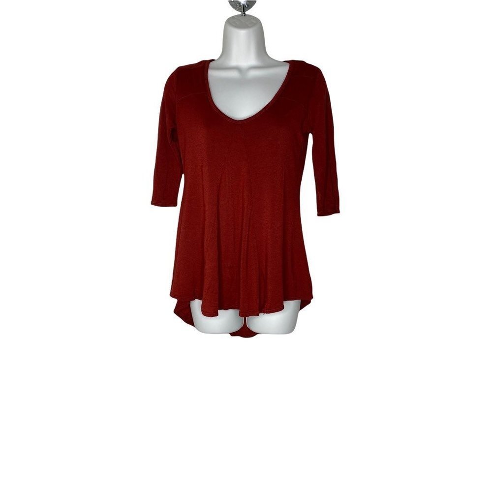Baea Womens Tunic Top Maroon‎ 3/4 Sleeve Scoop Neck Stretch Criss Cross XS New